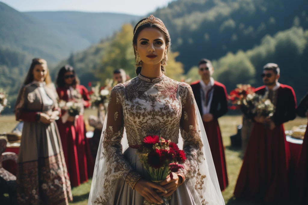 Невеста в платье в грузинском стиле в Грузии